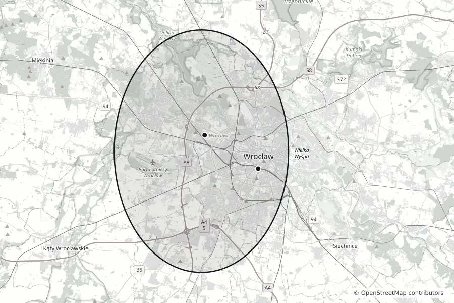 Mapa Wrocławia z zaznaczonym obszarem dojazdu: na zachód po Leśnicę, na północ po Psary, na południe po Bielany Wrocławskie